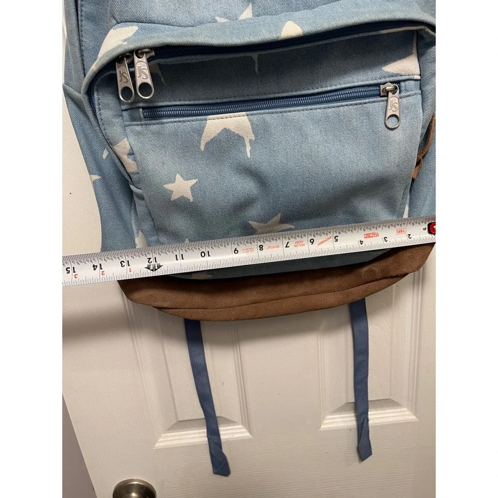JanSport Right Pack Backpack Blue Denim Star Print Suede Bottom School Bag